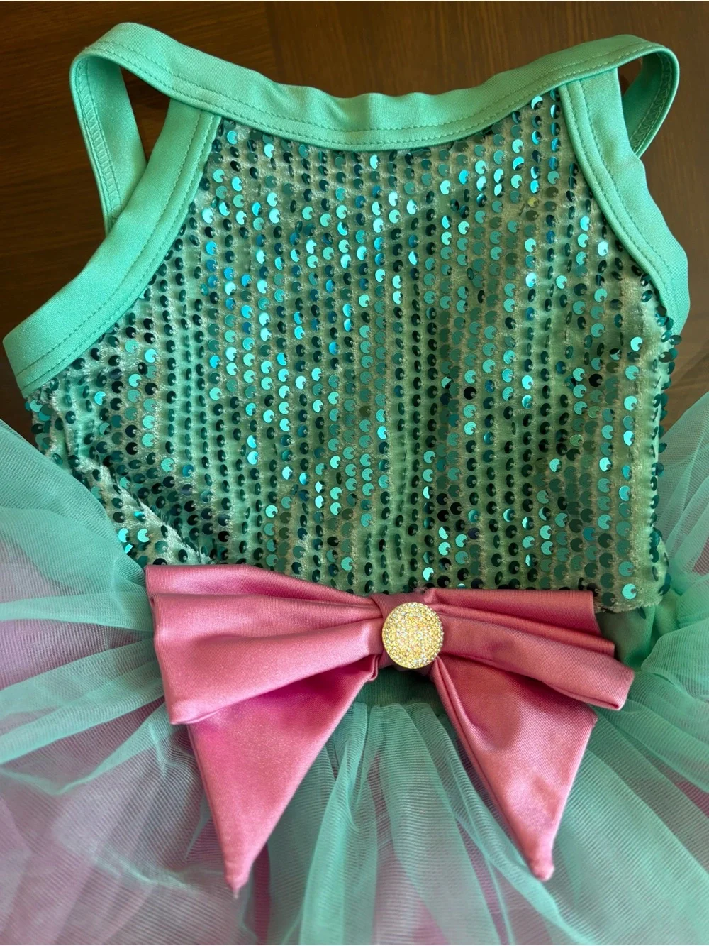 Weissman Teal Sequin Tulle Tutu with Pink Bow size XSC